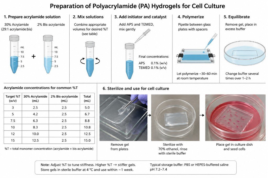 Infographic: preparation of polyacrylamide hydrogels for cell culture — mixing, polymerization, equilibration, and seeding